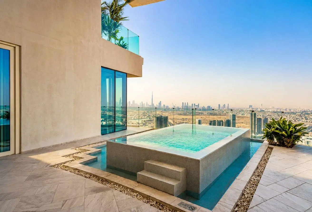 Rooftop infinity pool on a modern terrace with glass railing and a city skyline in the distance.