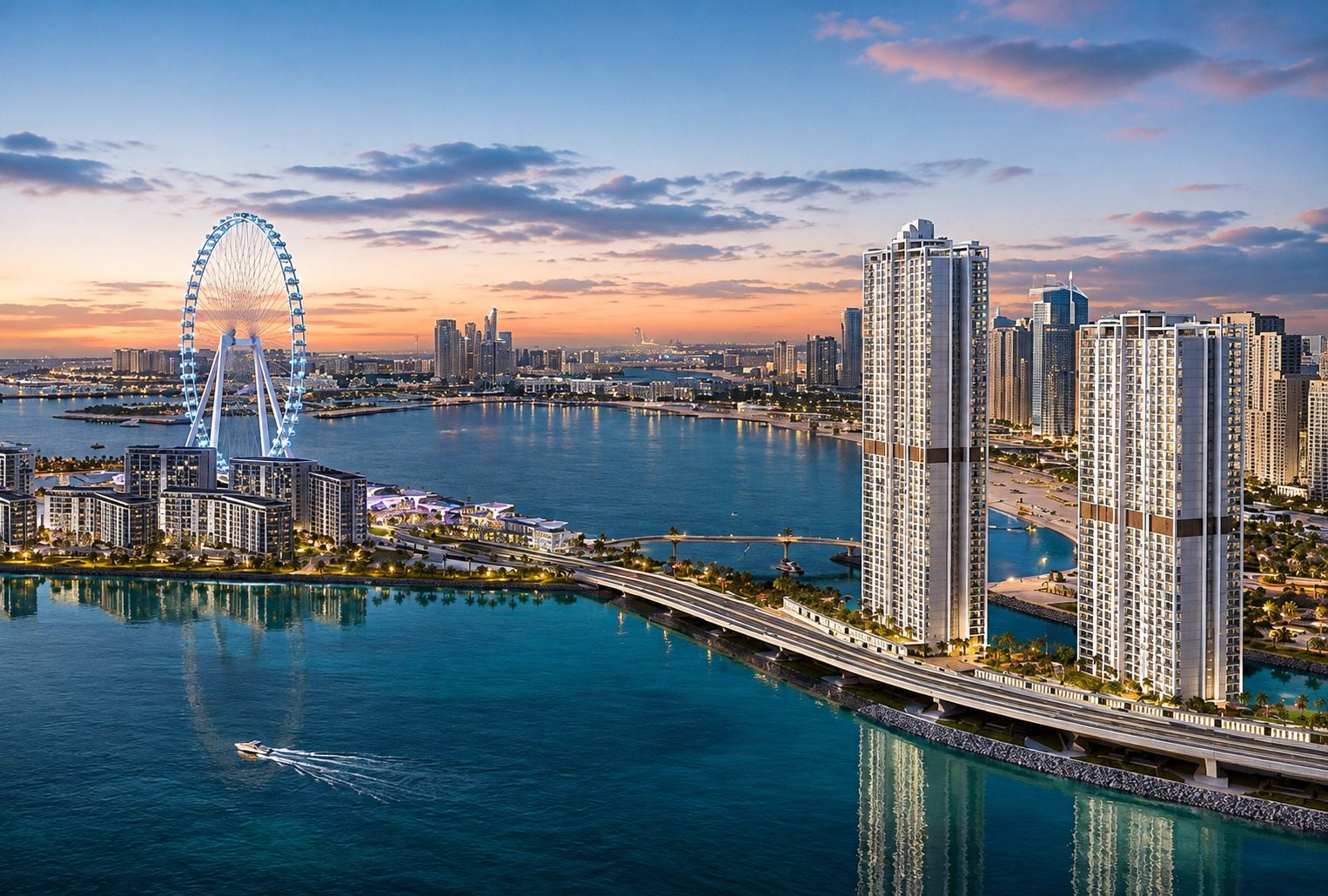 Evening city skyline with a large illuminated Ferris wheel beside a bay, modern high-rise towers, and a curved bridge over water.