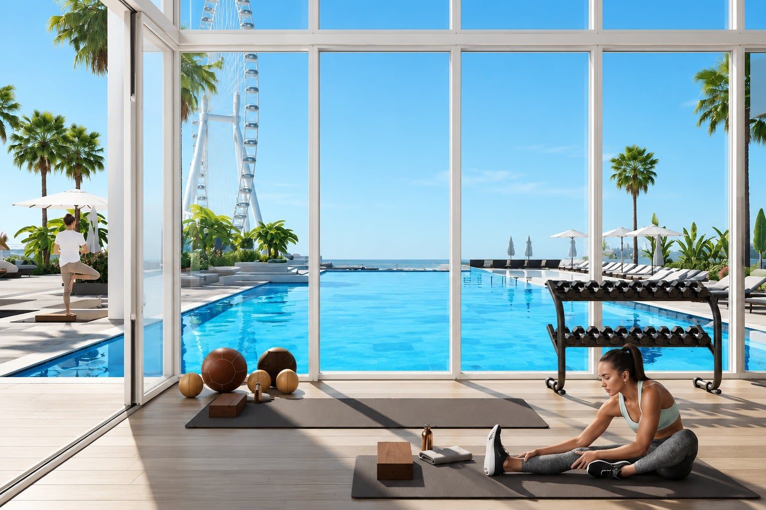 Woman in workout outfit stretching on a yoga mat beside a glass-walled gym overlooking a pool and palm trees outside.